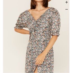 Elegant Blue Midi Dress with Floral Design and Puff Sleeves